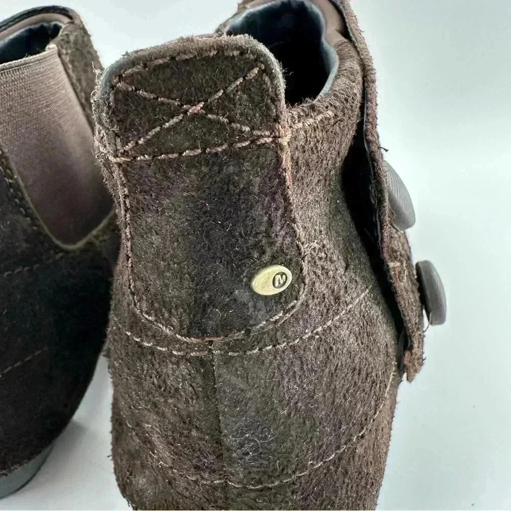 Merrell Luxe button ankle bootie 10 41 espresso brown suede stapled clog boot - Picture 8 of 13